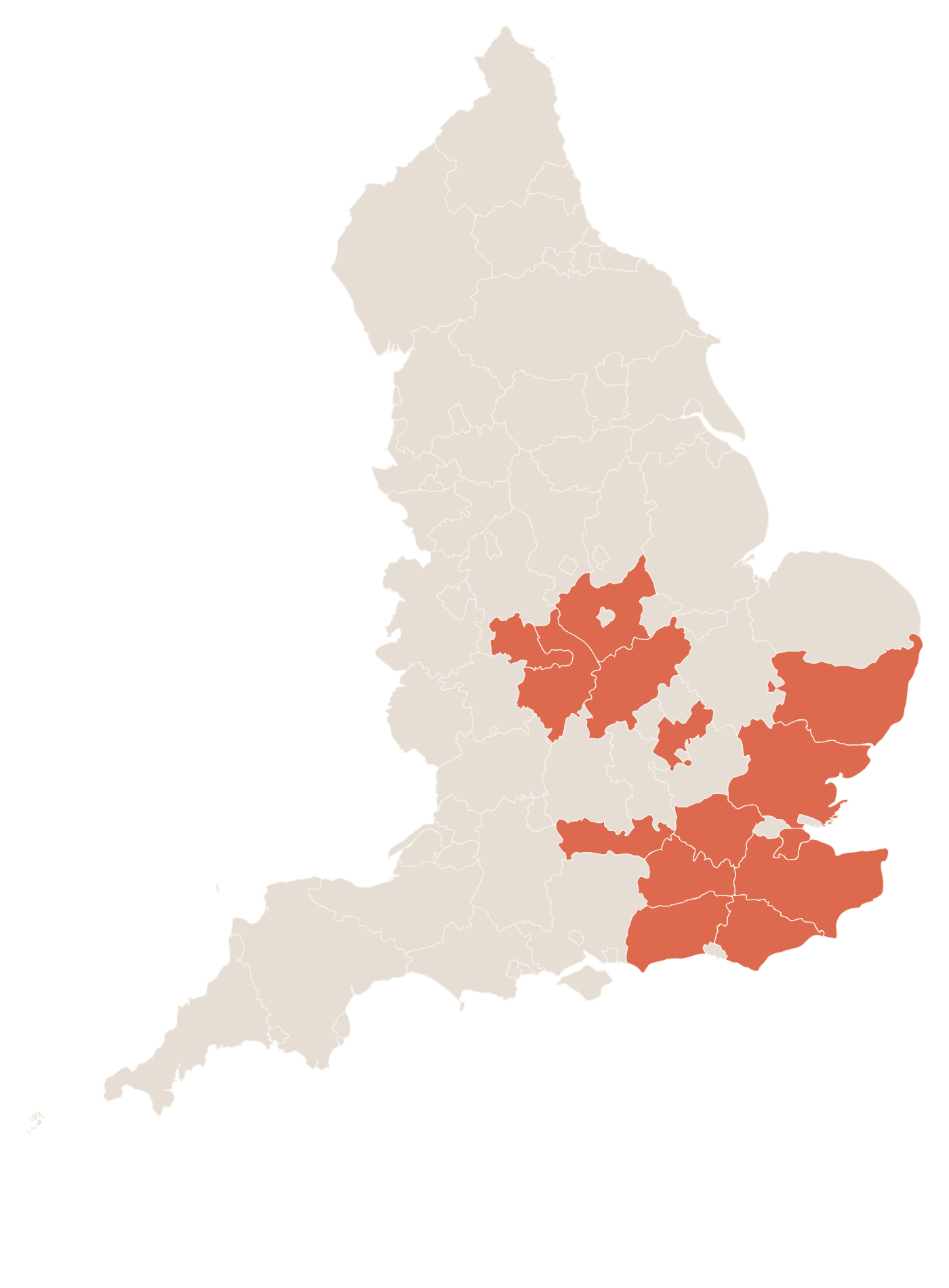 A map of England with the counties Zen builds in picked out in coral: London, Surrey, Berkshire, Sussex, Kent, Essex, Suffolk, Bedfordshire, Northamptonshire, Leicestershire and Warwickshire