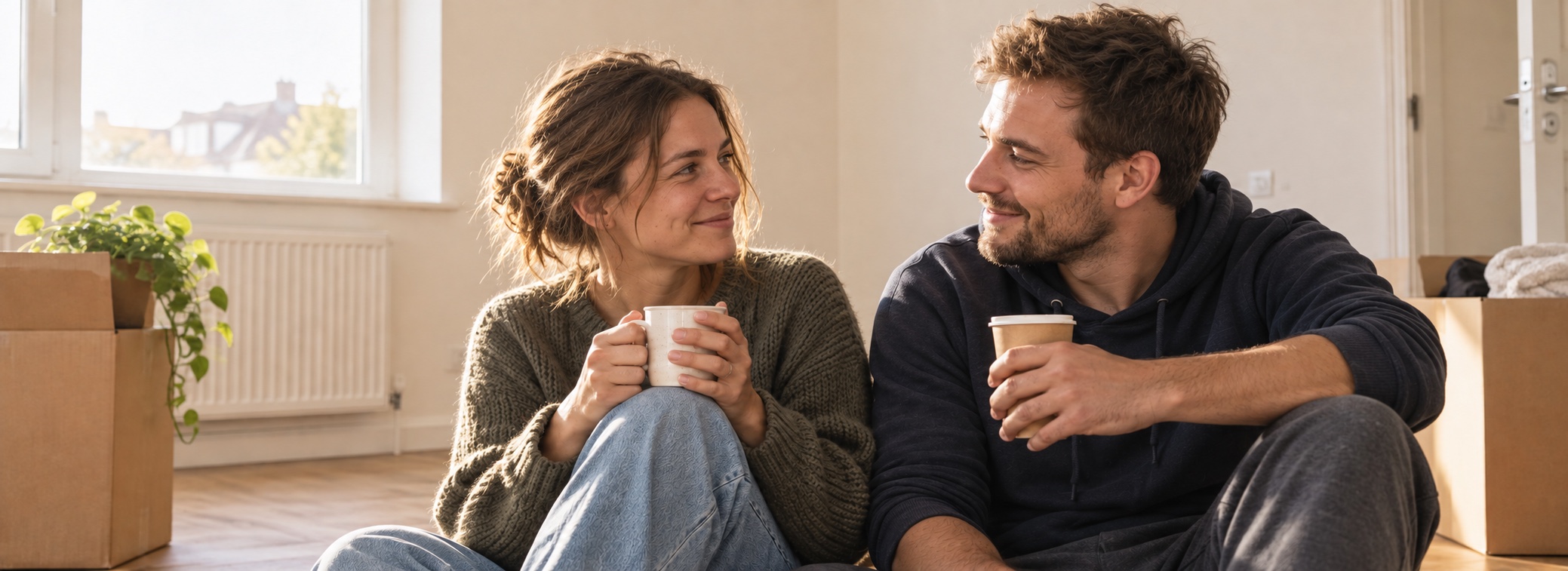 A couple sitting together on a sofa by the window with mugs of tea