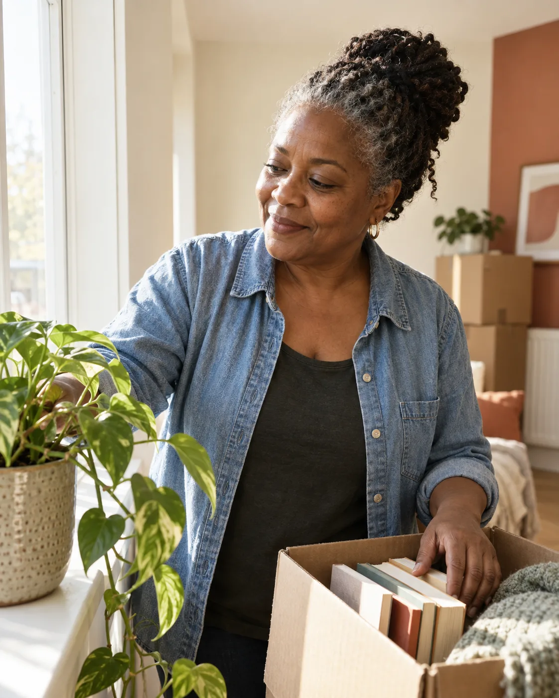 A woman unpacking a plant in the living room of her new home