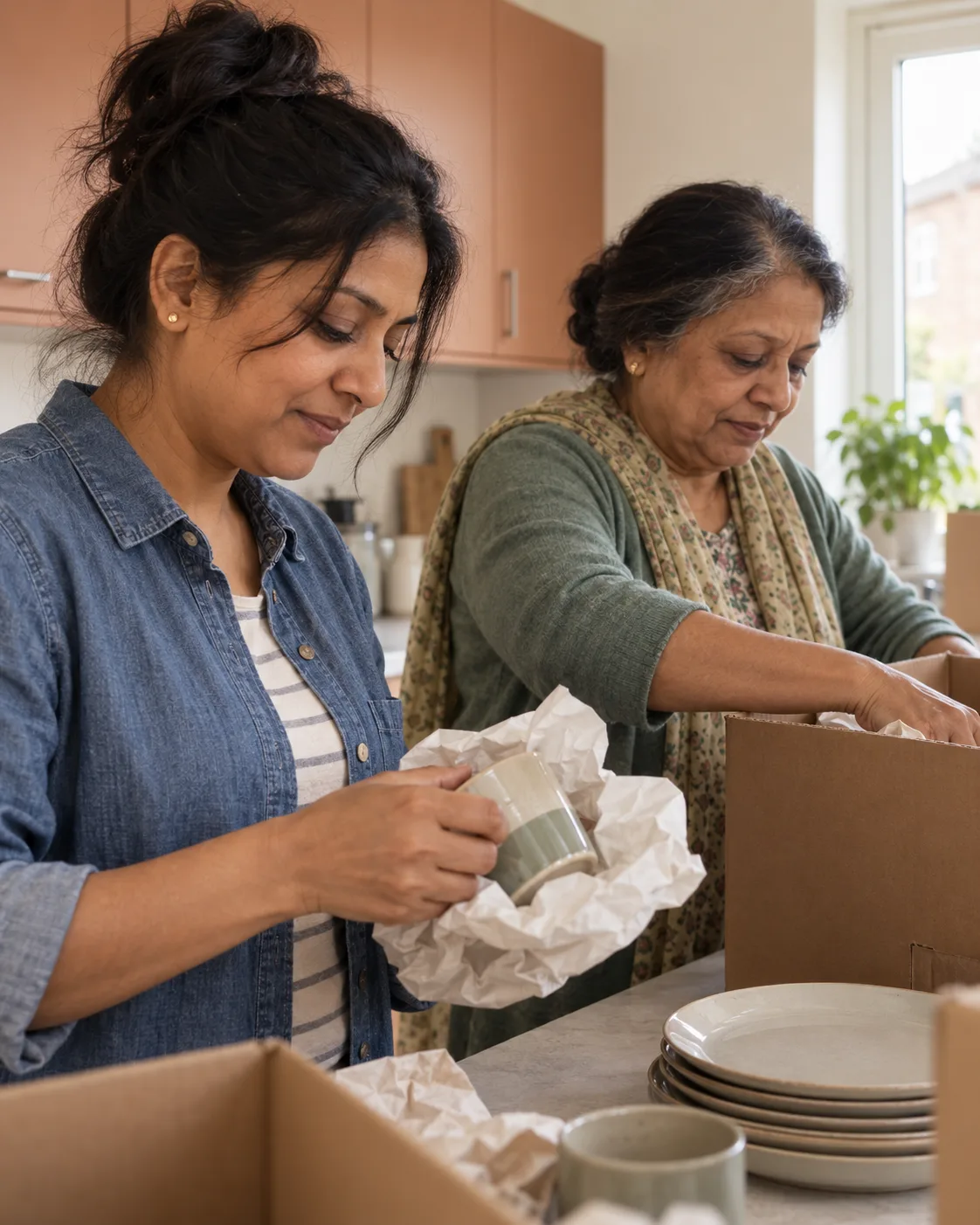 Two women unpacking crockery together in a new kitchen